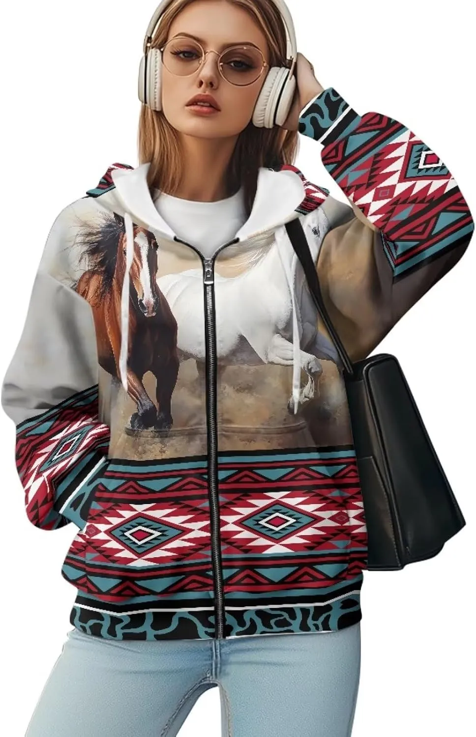 Aztec Zip up Hoodies for Women Western Geometric Print Western Ethnic Style Sweatshirts with Pocket Casual Jacket