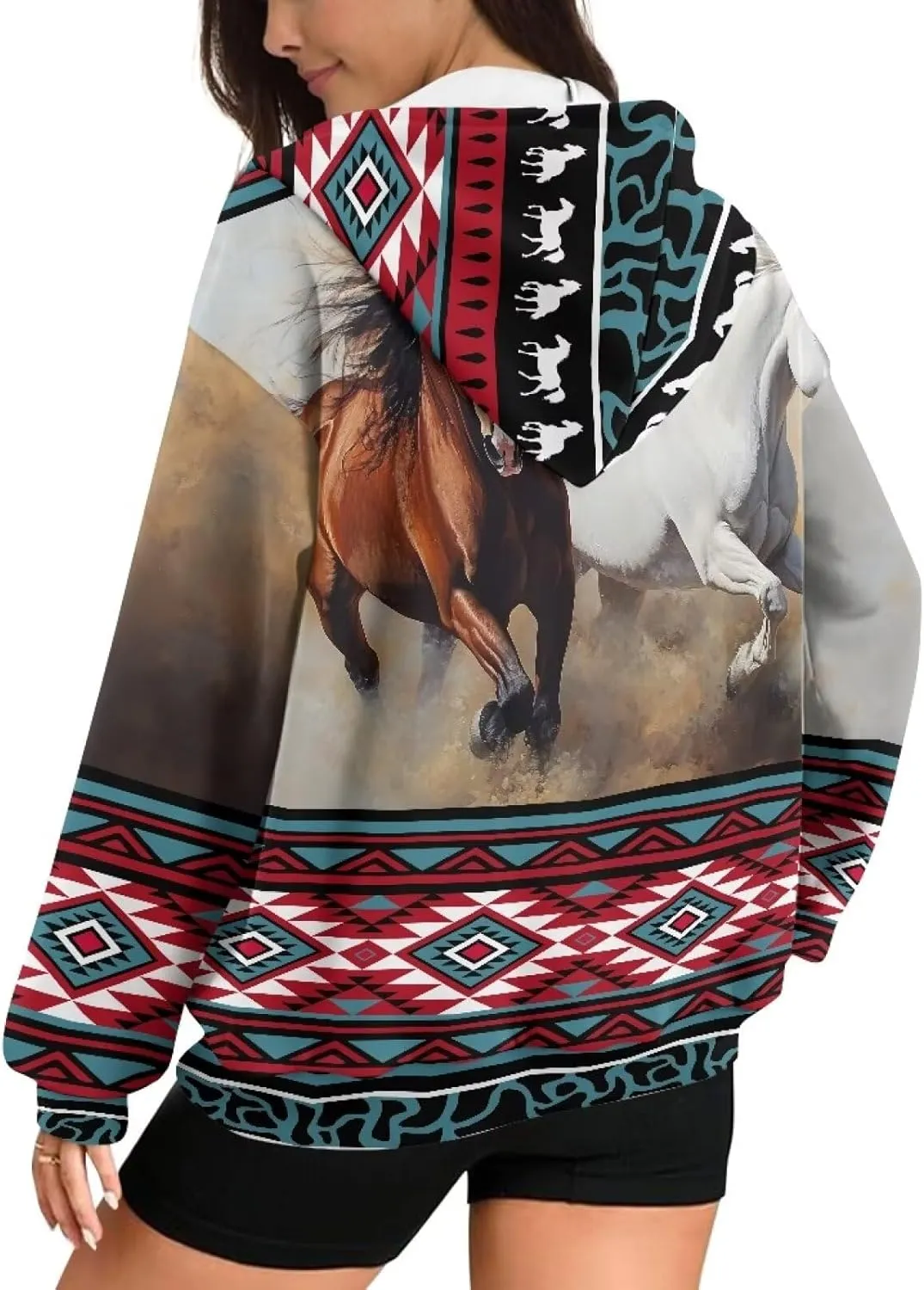 Aztec Zip up Hoodies for Women Western Geometric Print Western Ethnic Style Sweatshirts with Pocket Casual Jacket