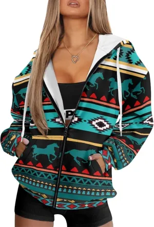 Aztec Zip up Hoodies for Women Western Geometric Print Western Ethnic Style Sweatshirts with Pocket Casual Jacket