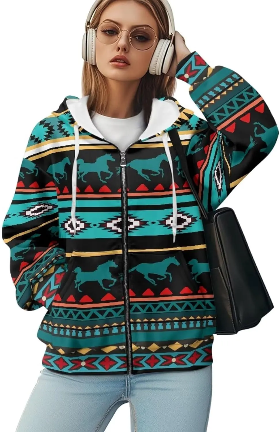 Aztec Zip up Hoodies for Women Western Geometric Print Western Ethnic Style Sweatshirts with Pocket Casual Jacket