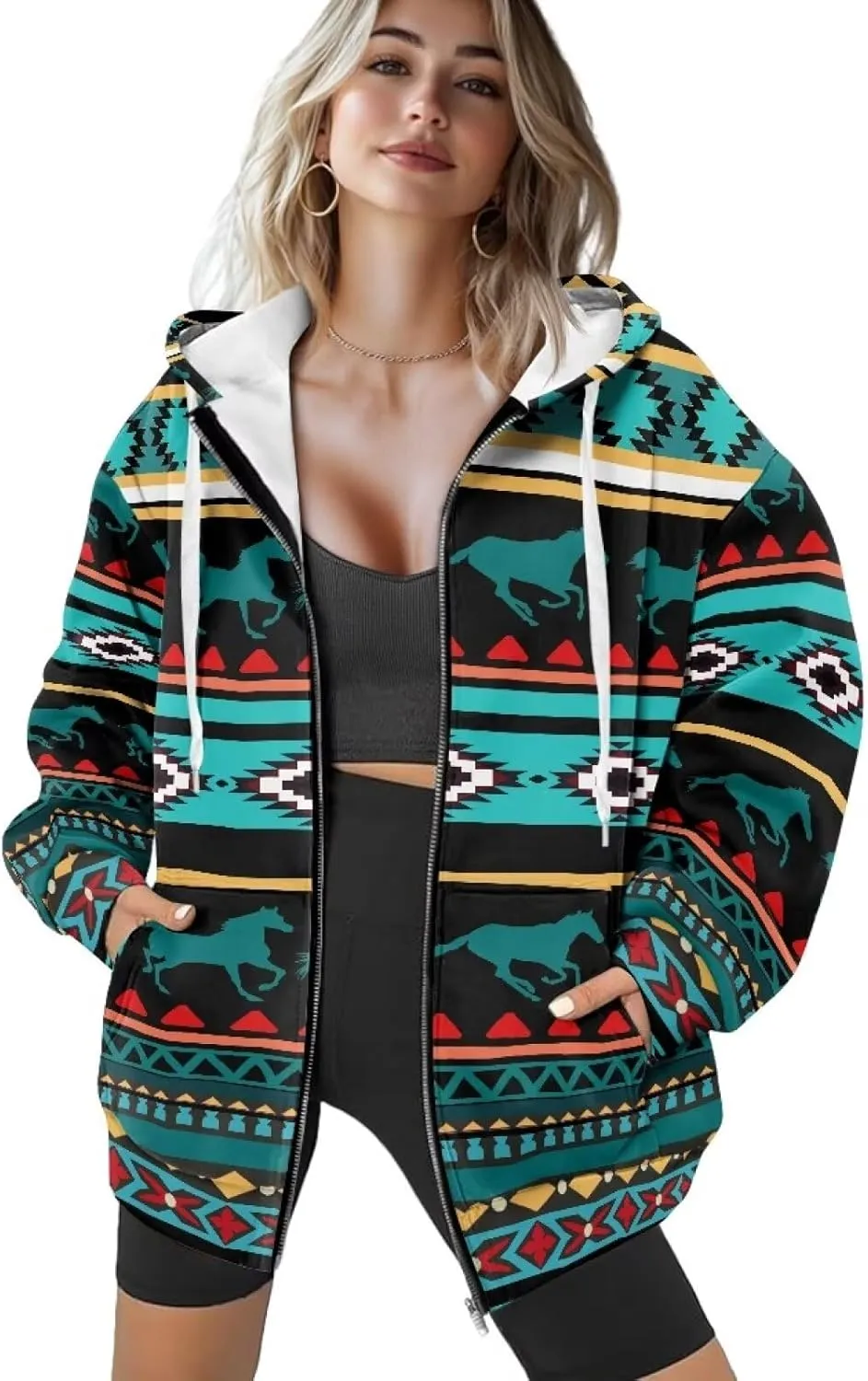 Aztec Zip up Hoodies for Women Western Geometric Print Western Ethnic Style Sweatshirts with Pocket Casual Jacket