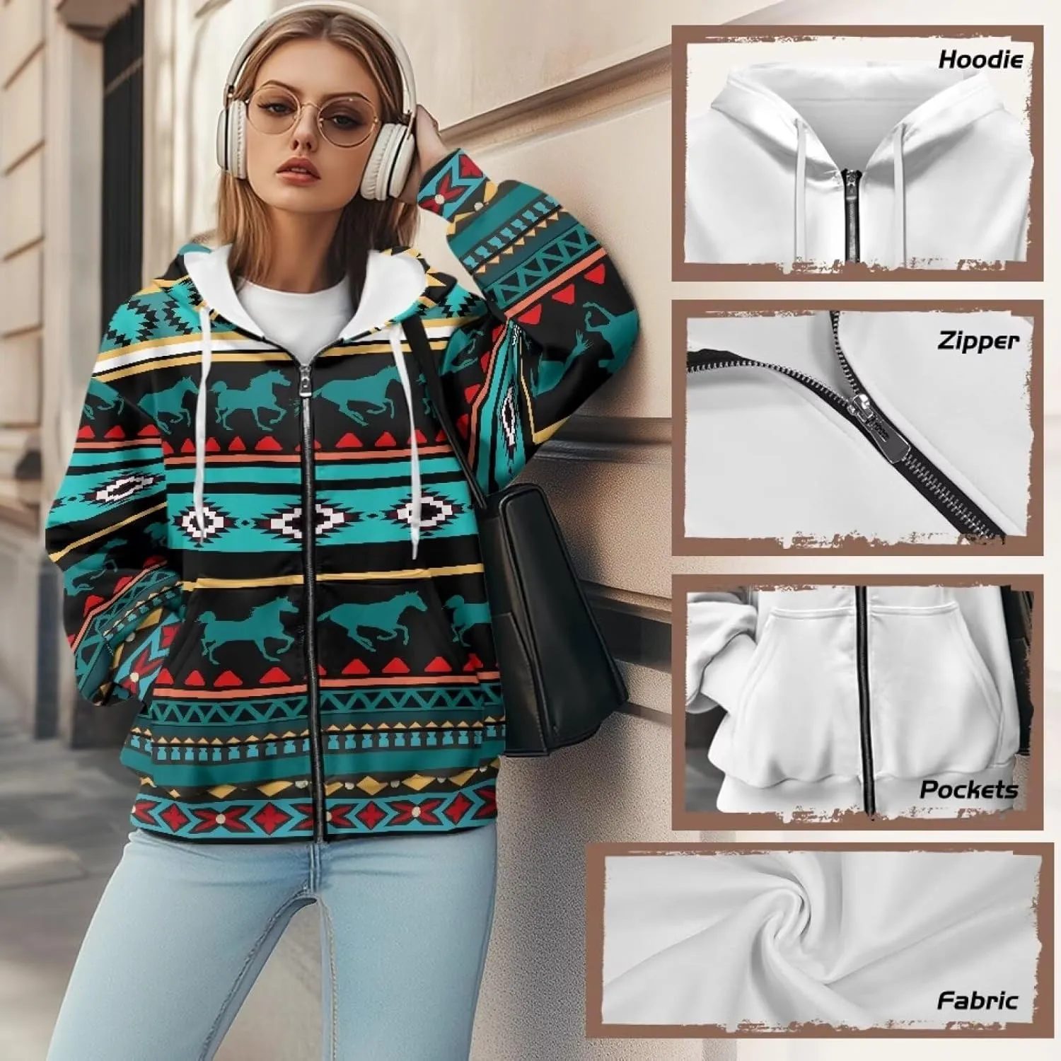 Aztec Zip up Hoodies for Women Western Geometric Print Western Ethnic Style Sweatshirts with Pocket Casual Jacket