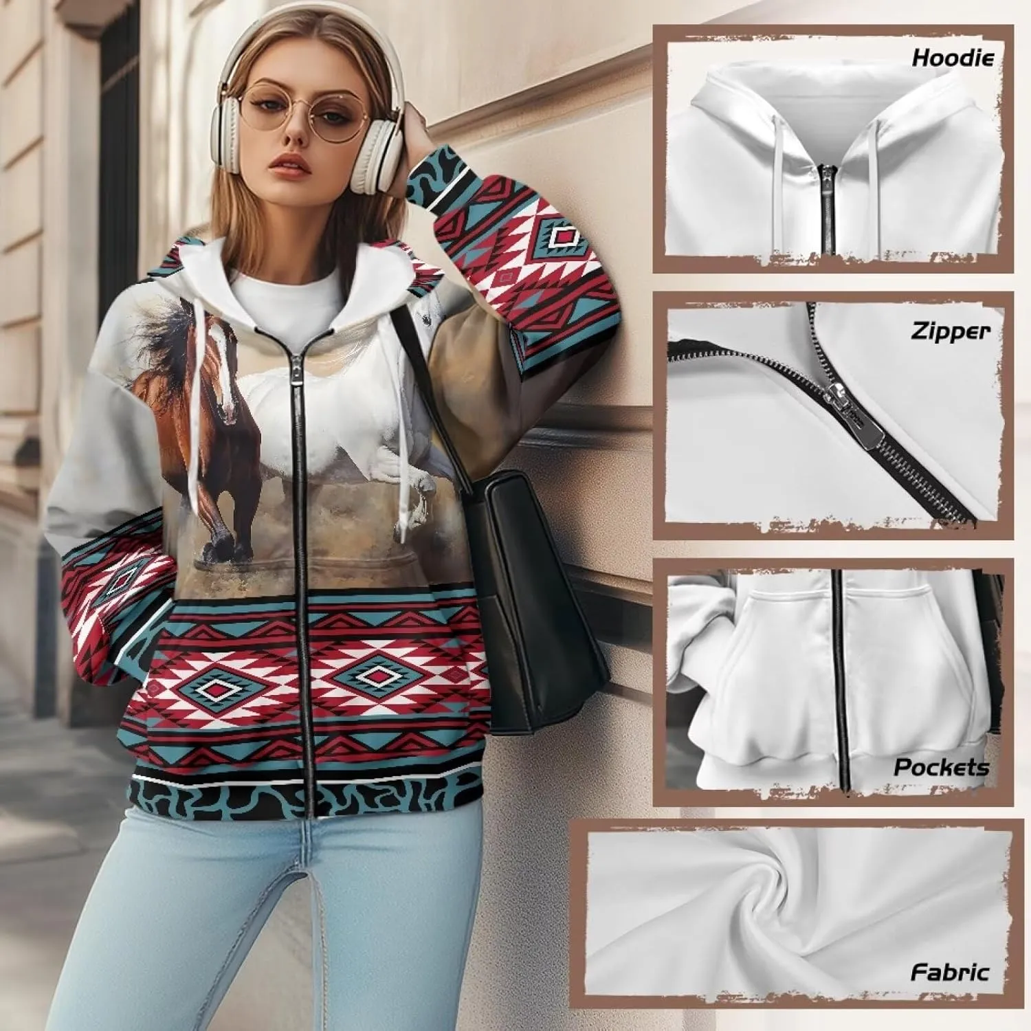 Aztec Zip up Hoodies for Women Western Geometric Print Western Ethnic Style Sweatshirts with Pocket Casual Jacket