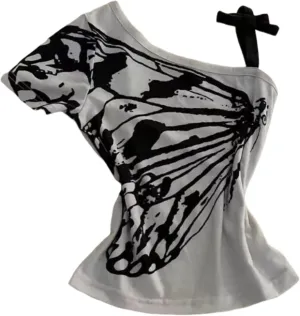 Baby Tee Y2k Women Grunge Top Emo 2000s Vintage Fake Two Piece Short Sleeve T Shirt Crop Tops Teens