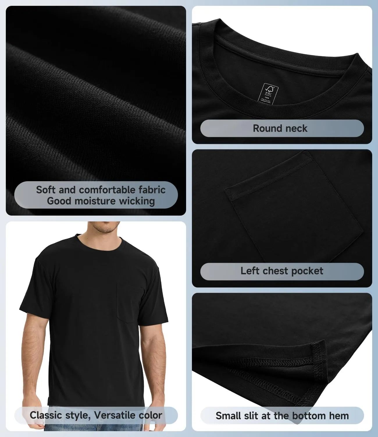 BAMBOO COOL Men's Pocket T-Shirts Heavy Weight Short Sleeve Tee Shirts Crew Neck Tshirt Soft Classic Undershirts for Men