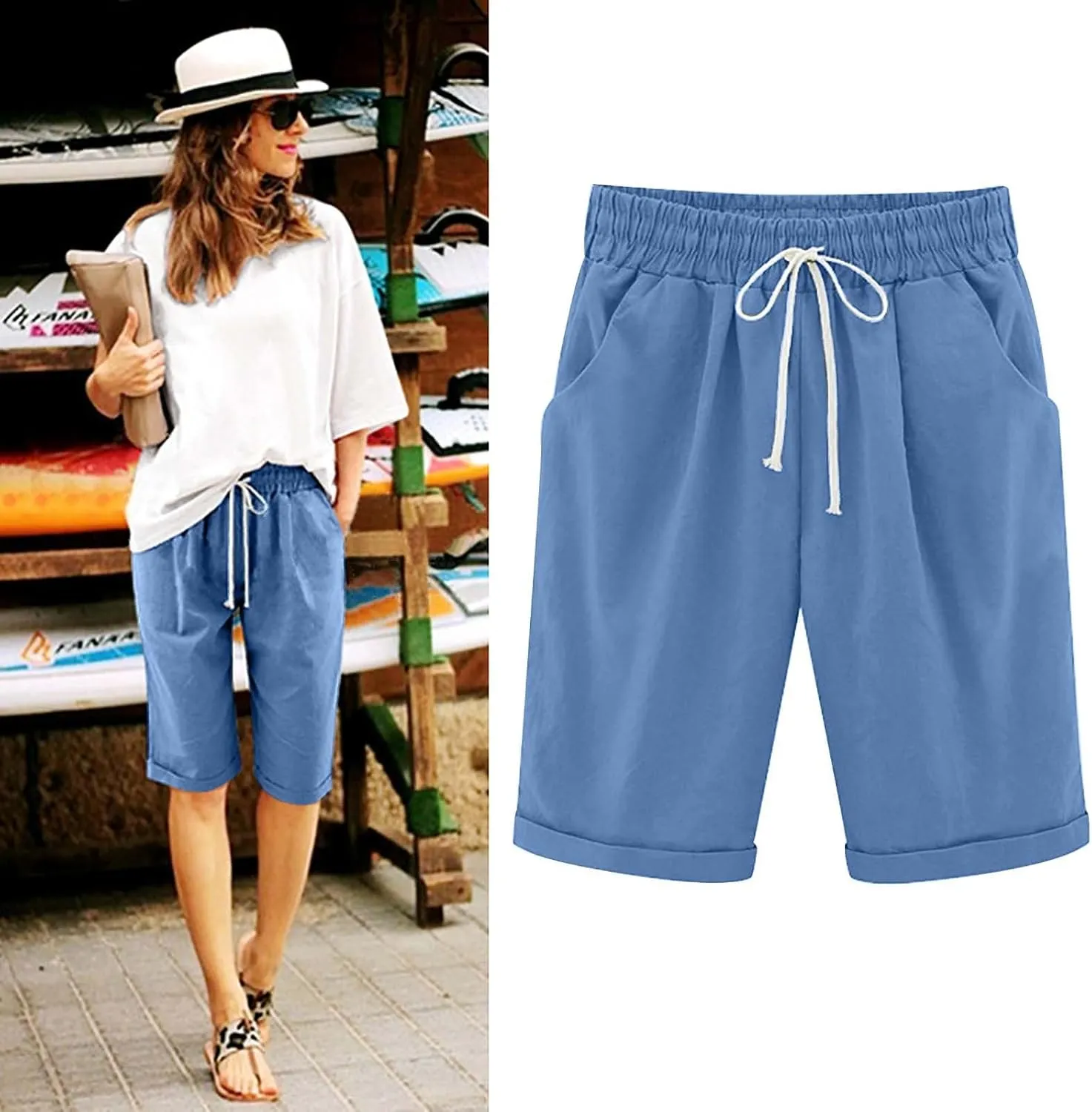 Bermuda Shorts for Women 2025 Casual Summer Beach Drawstring Shorts with Pocket Knee Length Loose Cute Vacation Short