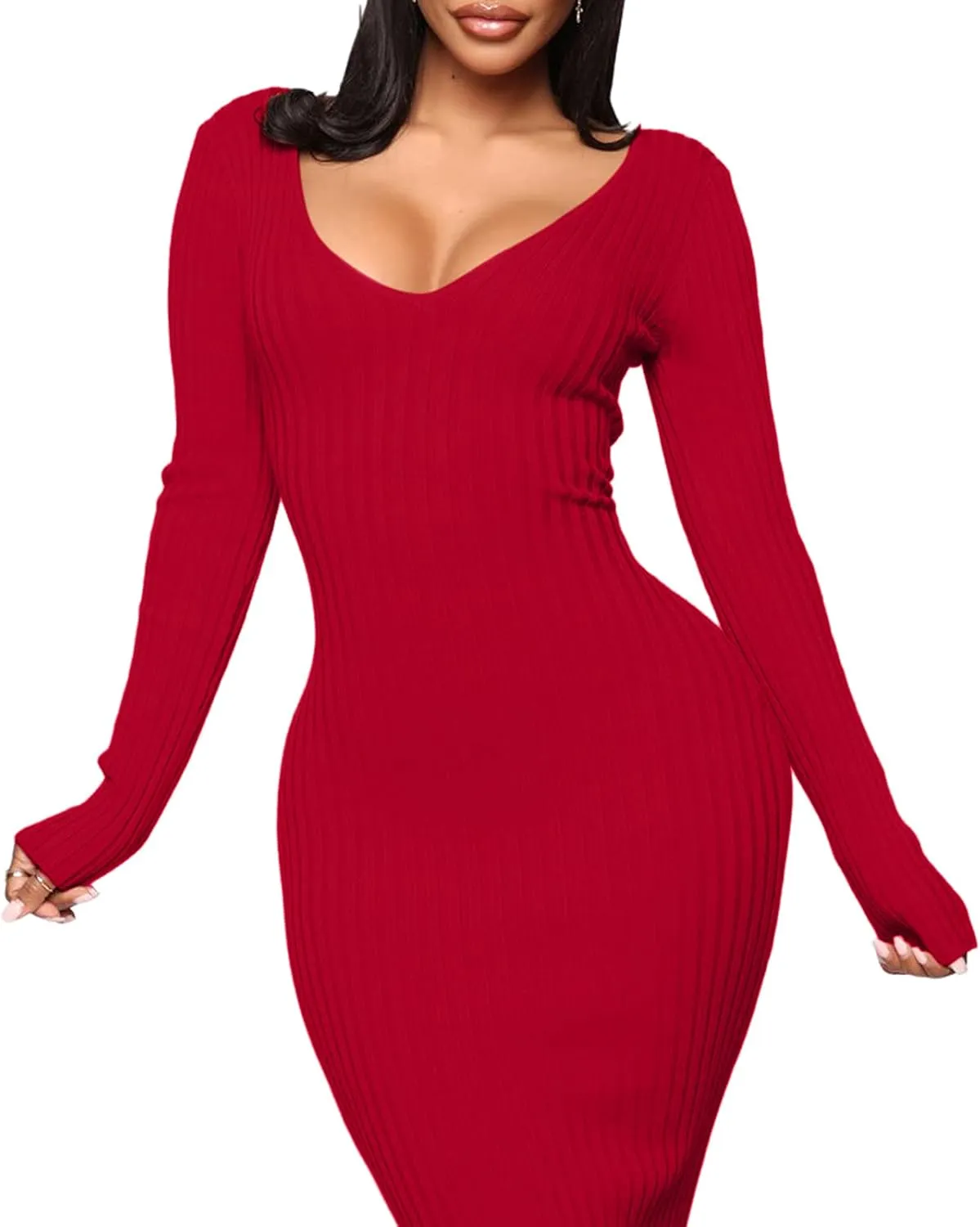 BestGirl Women's Sexy Ribbed Sweater Dresses Bodycon V Neck Off Shoulder Long Sleeve Lightweight Knit Midi Dress