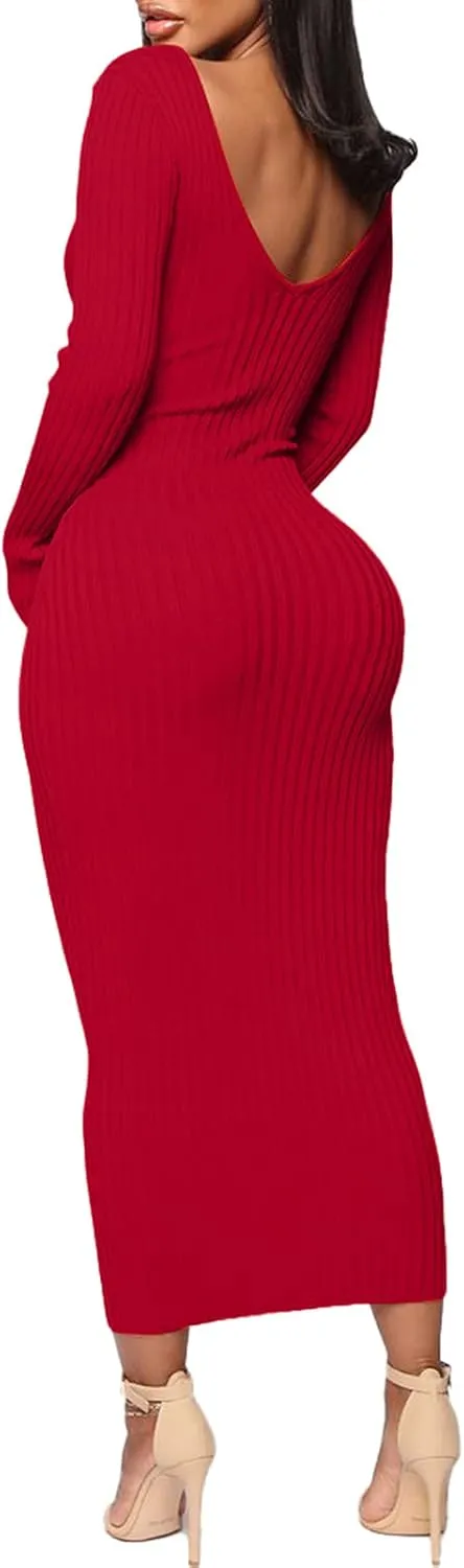 BestGirl Women's Sexy Ribbed Sweater Dresses Bodycon V Neck Off Shoulder Long Sleeve Lightweight Knit Midi Dress