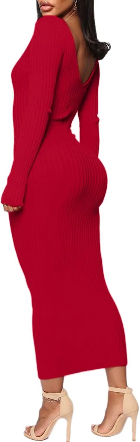 BestGirl Women's Sexy Ribbed Sweater Dresses Bodycon V Neck Off Shoulder Long Sleeve Lightweight Knit Midi Dress