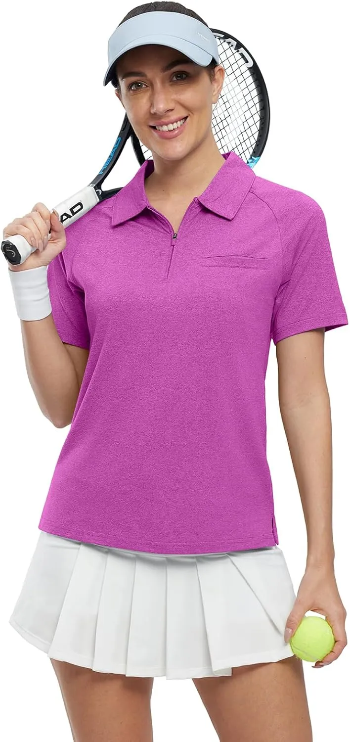 BGOWATU Women's Short Sleeve Golf Polo Shirts 1/4 Zip Tennis Tops Collared T-Shirts UV Protection Quick Dry