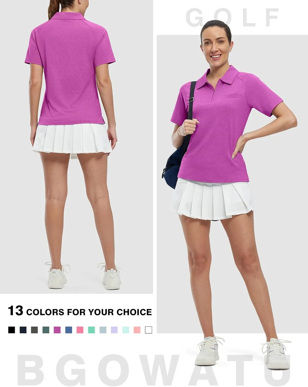 BGOWATU Women's Short Sleeve Golf Polo Shirts 1/4 Zip Tennis Tops Collared T-Shirts UV Protection Quick Dry