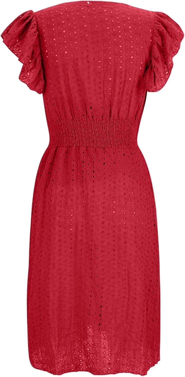 Binmer Women Summer Casual Sleeveless Dress Elastic Smocked Waist Wrap V Neck Sundress Hollow Out Eyelet Swing Beach Dresses