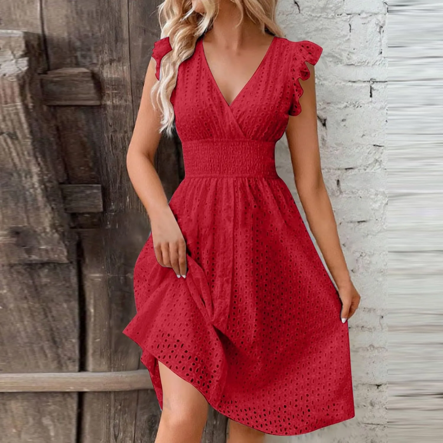 Binmer Women Summer Casual Sleeveless Dress Elastic Smocked Waist Wrap V Neck Sundress Hollow Out Eyelet Swing Beach Dresses