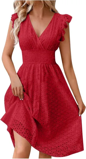 Binmer Women Summer Casual Sleeveless Dress Elastic Smocked Waist Wrap V Neck Sundress Hollow Out Eyelet Swing Beach Dresses