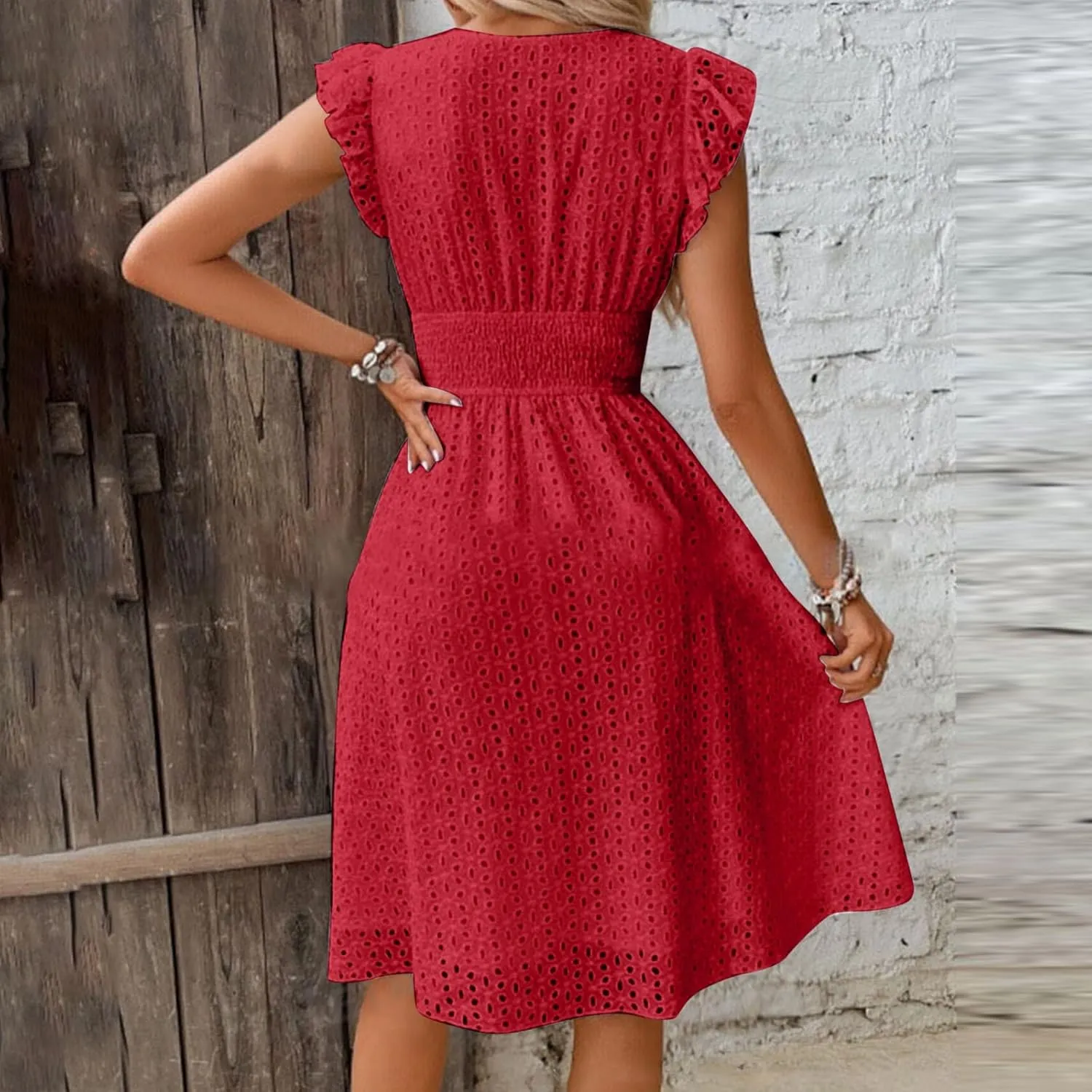 Binmer Women Summer Casual Sleeveless Dress Elastic Smocked Waist Wrap V Neck Sundress Hollow Out Eyelet Swing Beach Dresses