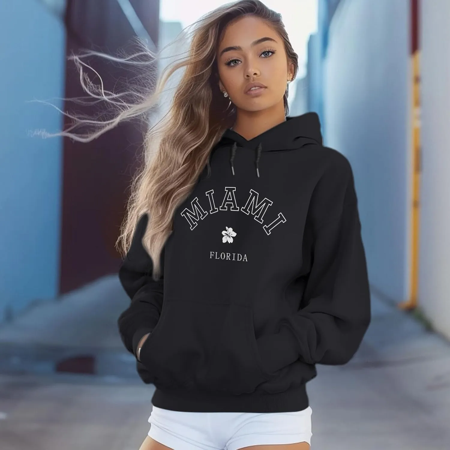 Bobeutou Oversized Letter Graphic Print Hoodies for Women Miami Florida Sweatshirt Preppy Trendy Fleece Pocket Pullover Top