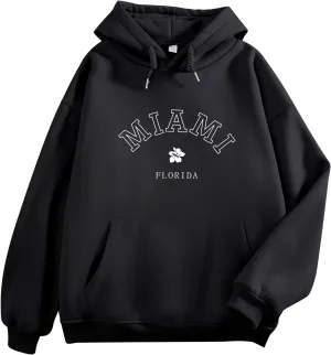 Bobeutou Oversized Letter Graphic Print Hoodies for Women Miami Florida Sweatshirt Preppy Trendy Fleece Pocket Pullover Top