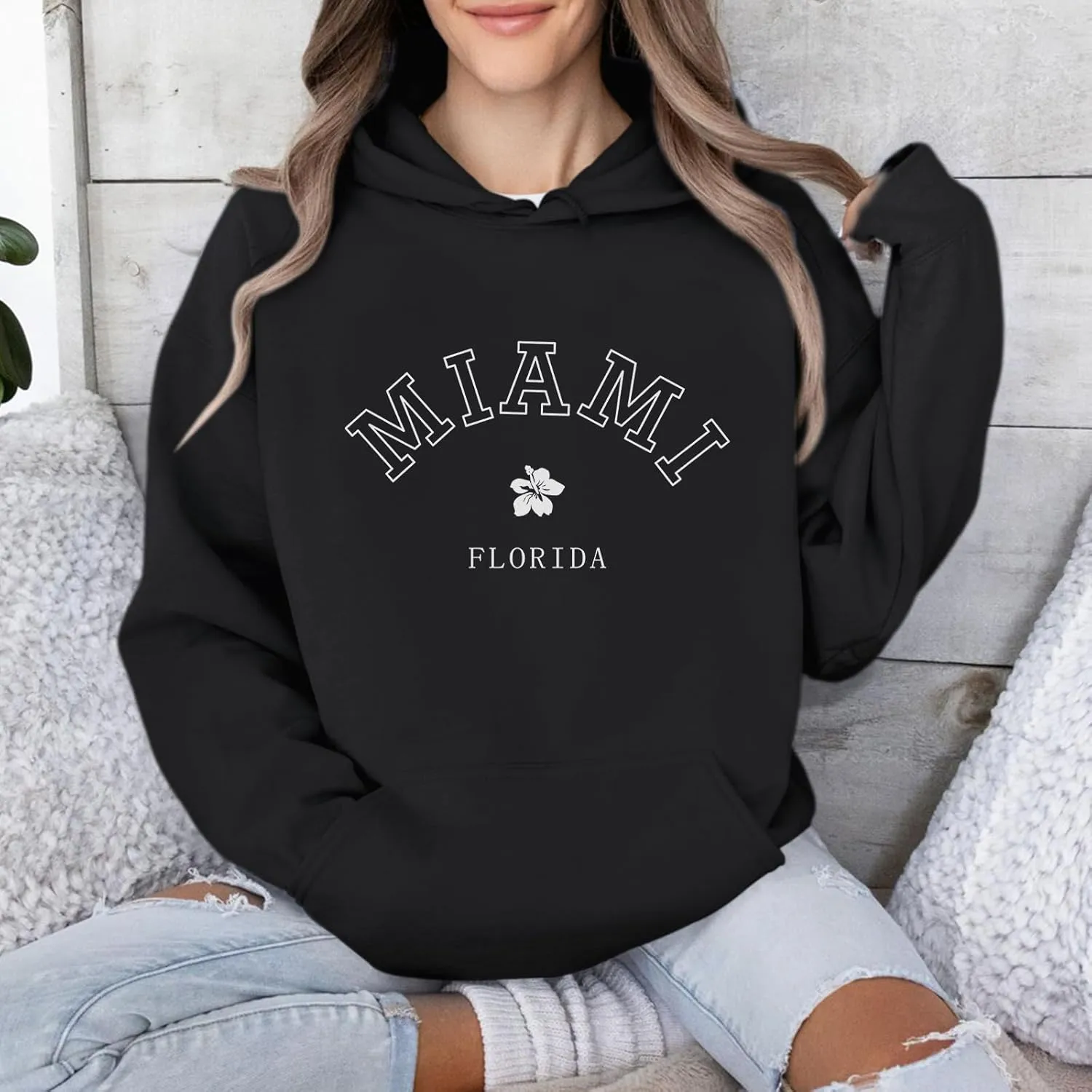 Bobeutou Oversized Letter Graphic Print Hoodies for Women Miami Florida Sweatshirt Preppy Trendy Fleece Pocket Pullover Top