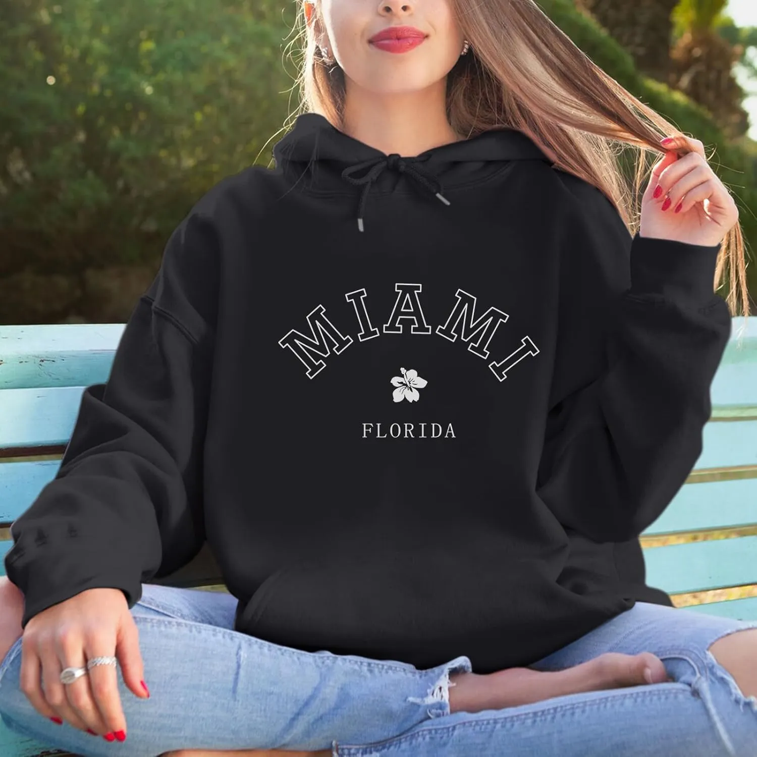 Bobeutou Oversized Letter Graphic Print Hoodies for Women Miami Florida Sweatshirt Preppy Trendy Fleece Pocket Pullover Top