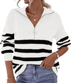 BTFBM Women 2025 Casual Long Sleeve Zip Striped Pullover Sweaters V Neck Collar Ribbed Knit Fall Winter Slouchy Jumpers