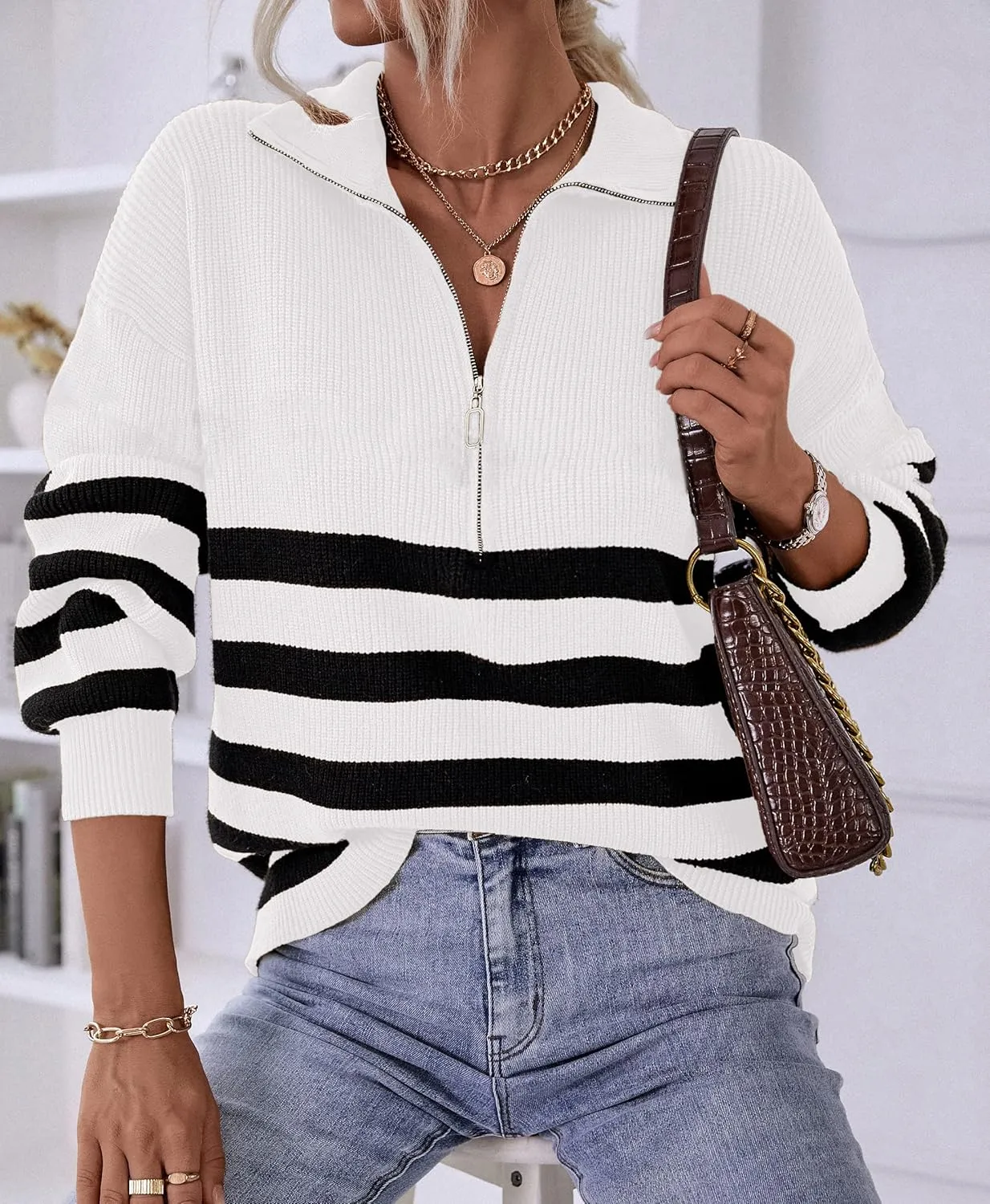 BTFBM Women 2025 Casual Long Sleeve Zip Striped Pullover Sweaters V Neck Collar Ribbed Knit Fall Winter Slouchy Jumpers