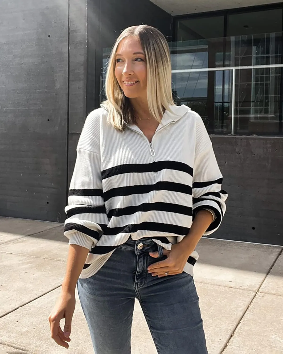 BTFBM Women 2025 Casual Long Sleeve Zip Striped Pullover Sweaters V Neck Collar Ribbed Knit Fall Winter Slouchy Jumpers