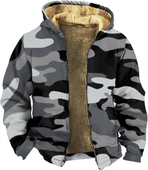 Camo Hoodie Mens Full Zip Sherpa Sweatshirts Fleece Hoodies Heavyweight Jackets Plus Size Warm Thick Coat With Pocket