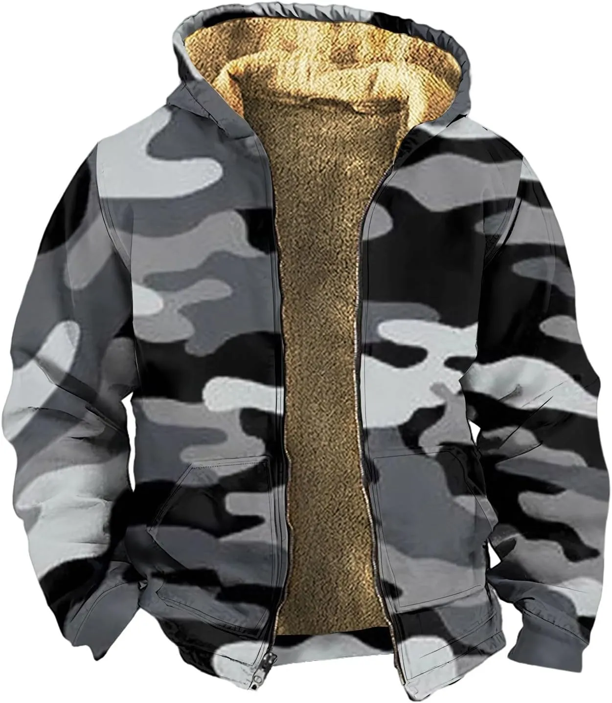 Camo Hoodie Mens Full Zip Sherpa Sweatshirts Fleece Hoodies Heavyweight Jackets Plus Size Warm Thick Coat With Pocket