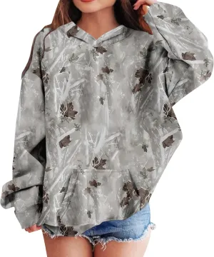 Camo Hoodies for Kids Boys Girls Cute Sweatshirt Maple Leaf Print Oversized Fleece Sweatshirts Classic Pullover with Pocket