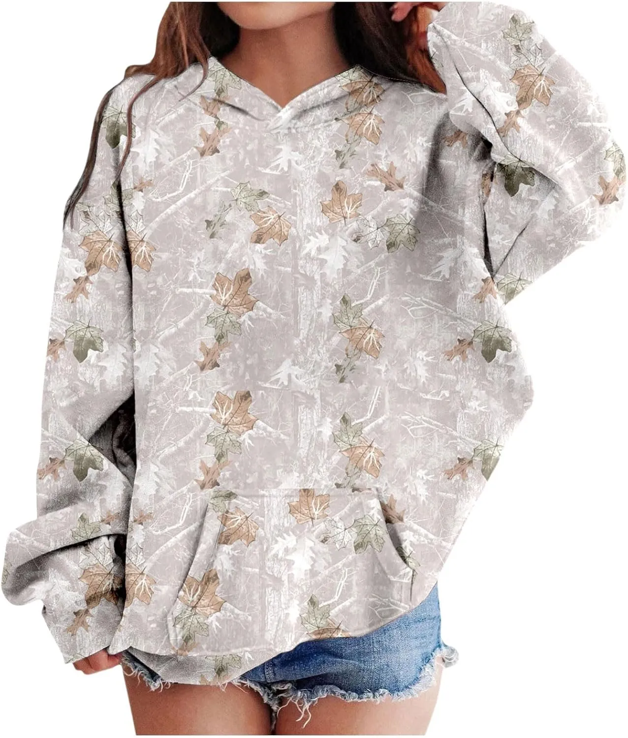 Camo Hoodies for Teen Girls Cute Sweatshirt Maple Leaf Print Oversized Fleece Sweatshirts Pullover Tops with Pocket