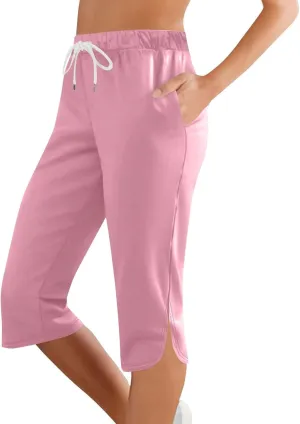 Capri Pants for Women Side Split Knee Length Elastic Waisted Drawstring Athletic Workout Yoga Pants with Pockets