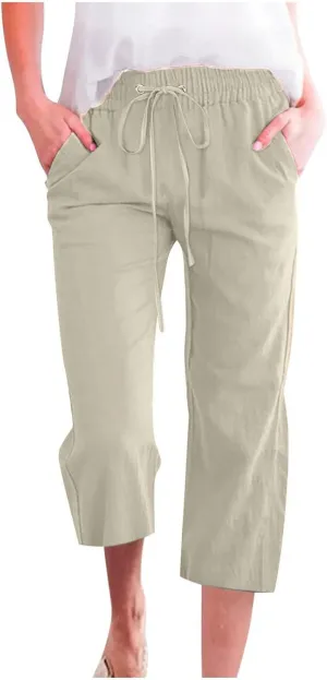 Capris Pants for Women Cotton Linen Casual Summer Straight Wide Leg Loose Drawstring Elastic Waist Cropped Trouser