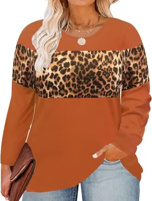CARCOS Plus Size Tops for Women Color Block Flower/Striped/Camo Crew Neck Long Sleeve Tee Shirt