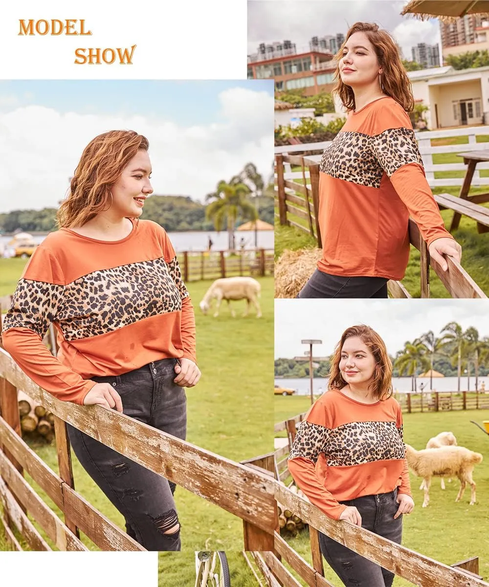 CARCOS Plus Size Tops for Women Color Block Flower/Striped/Camo Crew Neck Long Sleeve Tee Shirt