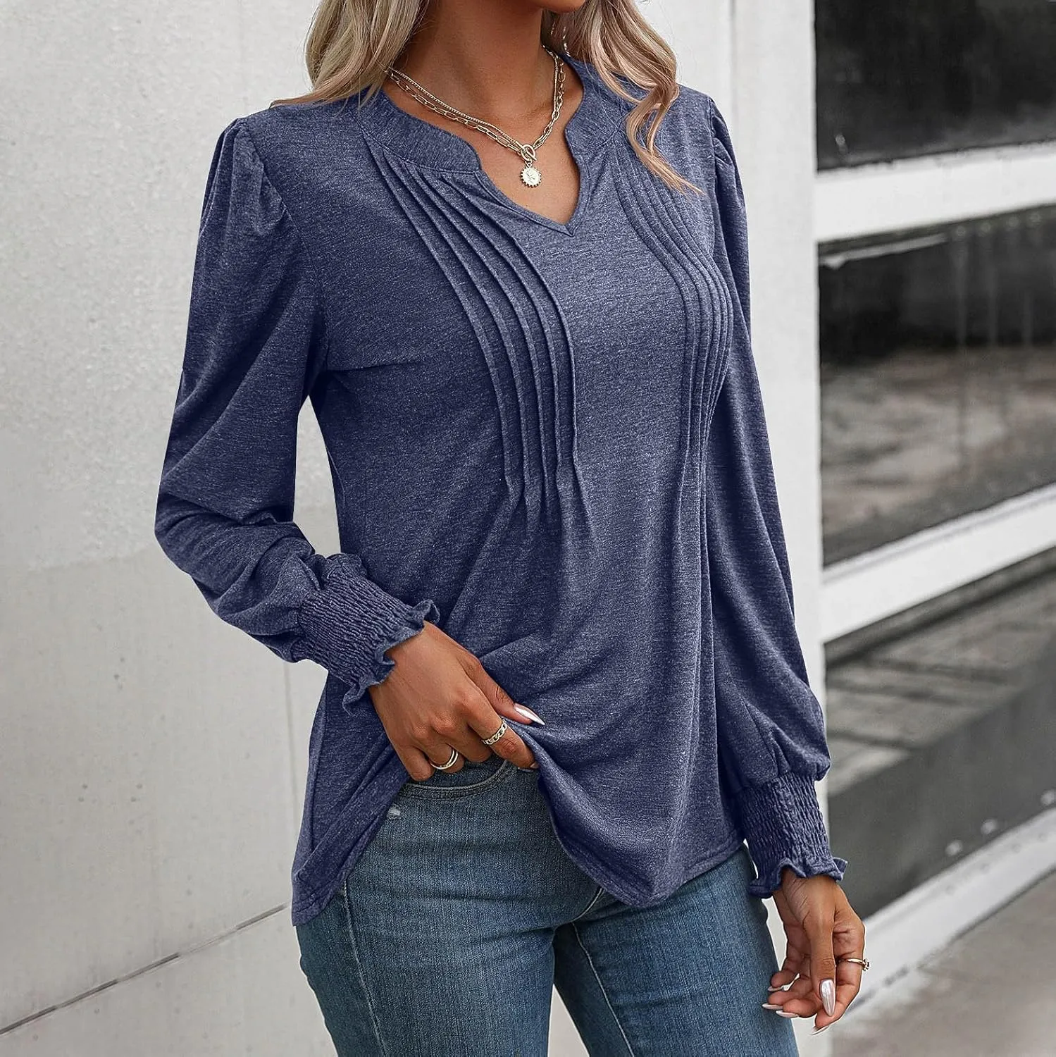Casual Tunic Tops Women's Loose V Neck Ruffle Long Lantern Sleeve Blouse Solid Color Front Pleated Tee Shirt Fall