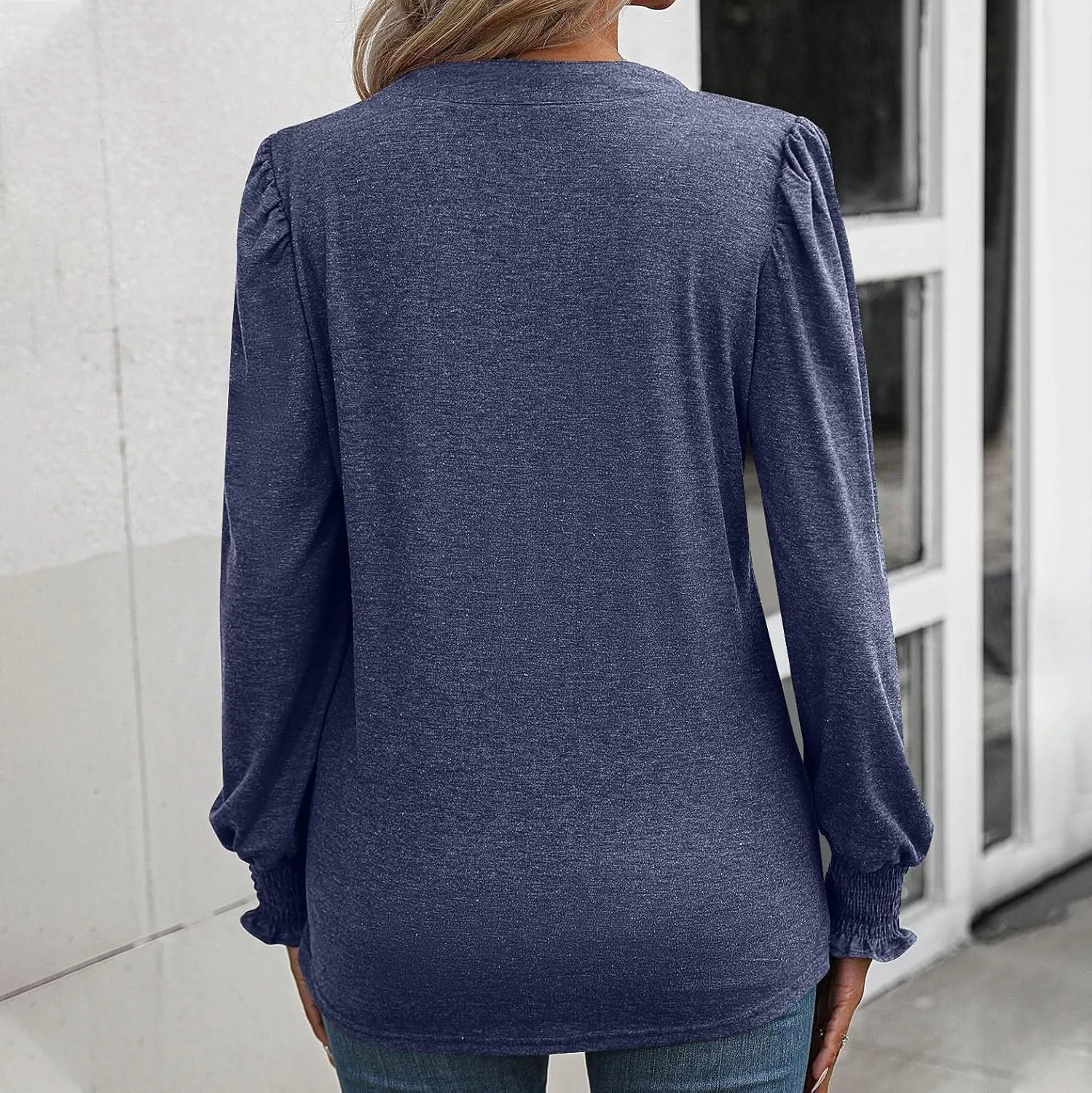 Casual Tunic Tops Women's Loose V Neck Ruffle Long Lantern Sleeve Blouse Solid Color Front Pleated Tee Shirt Fall