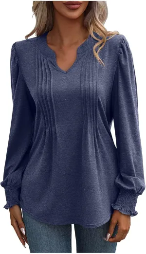Casual Tunic Tops Women's Loose V Neck Ruffle Long Lantern Sleeve Blouse Solid Color Front Pleated Tee Shirt Fall