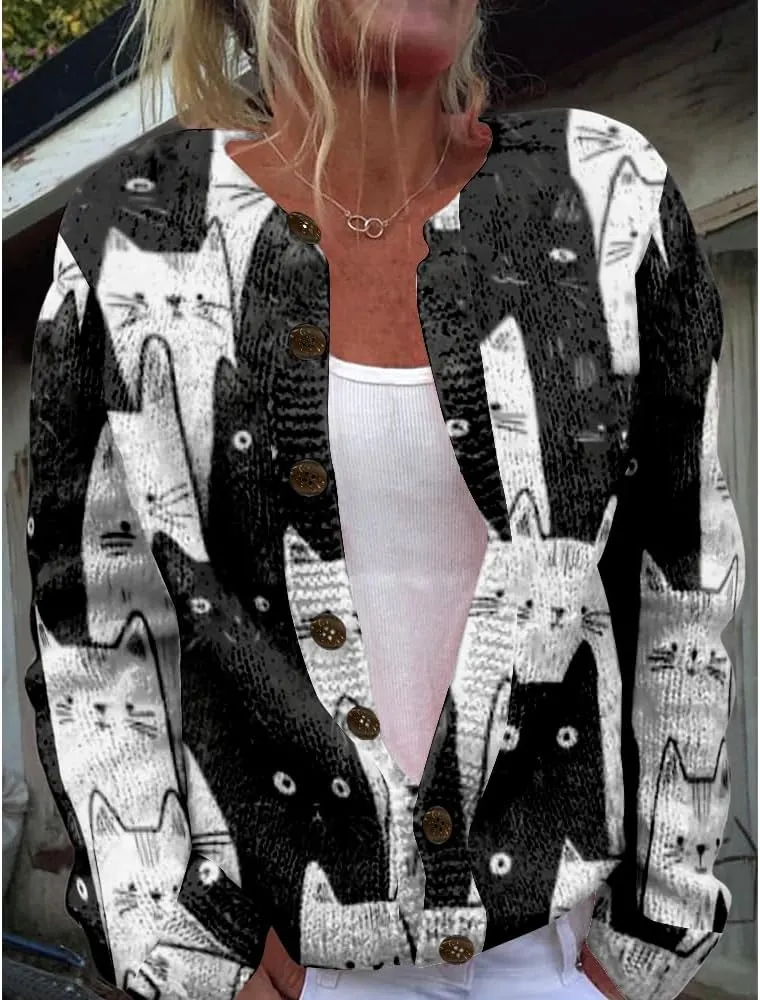 Cat Sweaters for Women Cute Button Up Cardigan Oversized 2024 Fall Fashion Crewneck Dressy Trendy Tunic Sweater