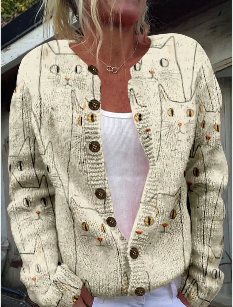 Cat Sweaters for Women Cute Button Up Cardigan Oversized 2024 Fall Fashion Crewneck Dressy Trendy Tunic Sweater