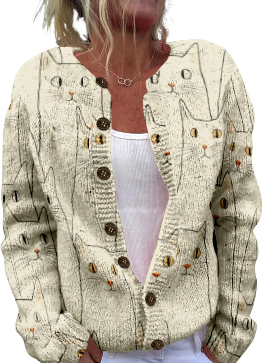 Cat Sweaters for Women Cute Button Up Cardigan Oversized 2024 Fall Fashion Crewneck Dressy Trendy Tunic Sweater