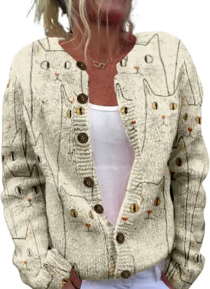 Cat Sweaters for Women Cute Button Up Cardigan Oversized 2024 Fall Fashion Crewneck Dressy Trendy Tunic Sweater