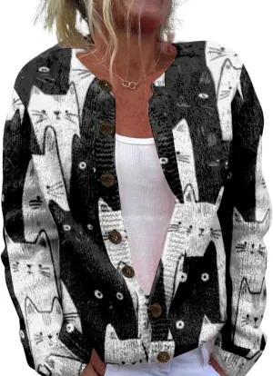 Cat Sweaters for Women Cute Button Up Cardigan Oversized 2024 Fall Fashion Crewneck Dressy Trendy Tunic Sweater