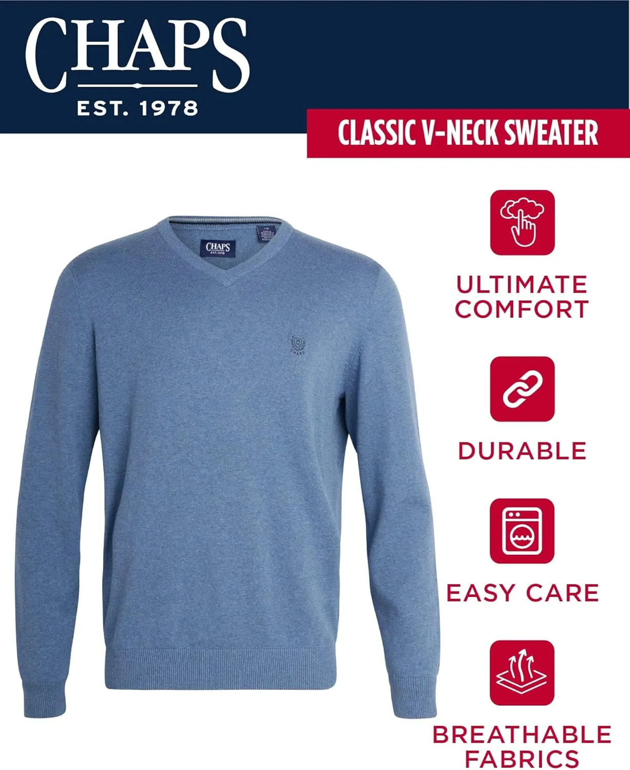 Chaps Men's Casual V Neck Sweater - Ribbed Knit Slim Fit Long Sleeve Pullover Top for Men (M-2XL)