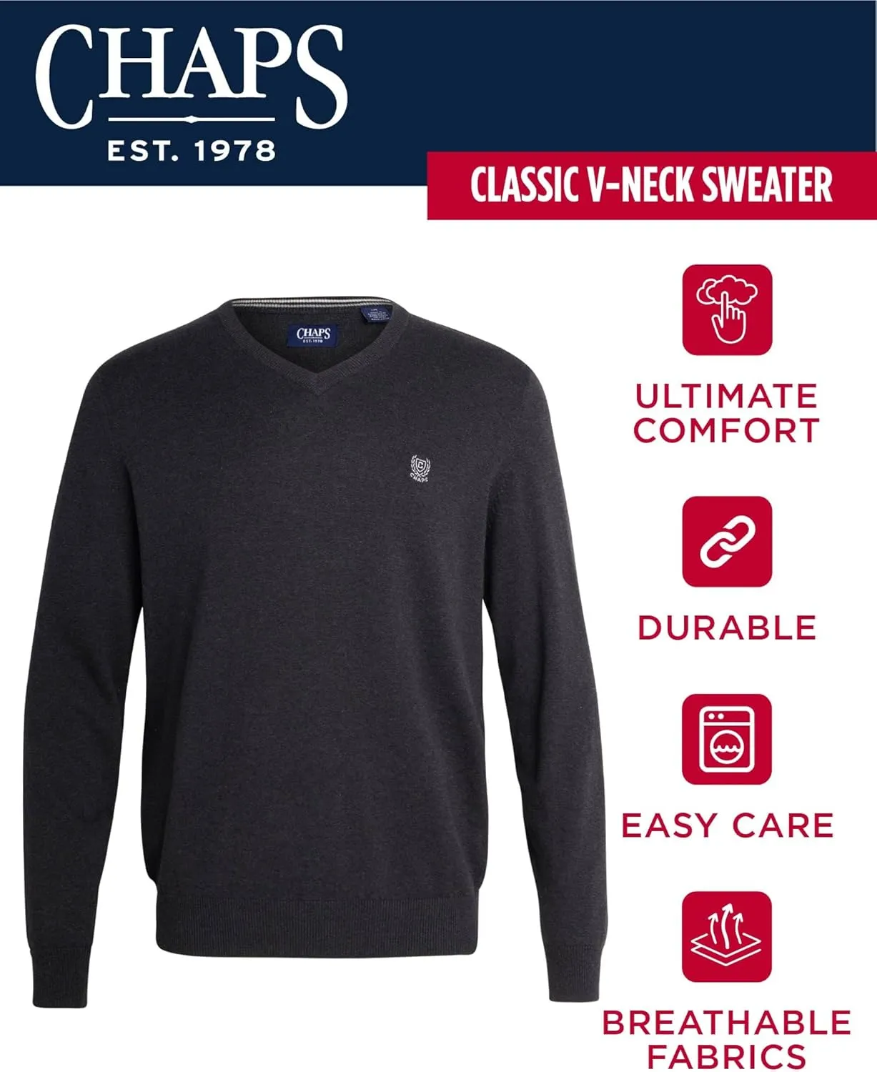 Chaps Men's Casual V Neck Sweater - Ribbed Knit Slim Fit Long Sleeve Pullover Top for Men (M-2XL)