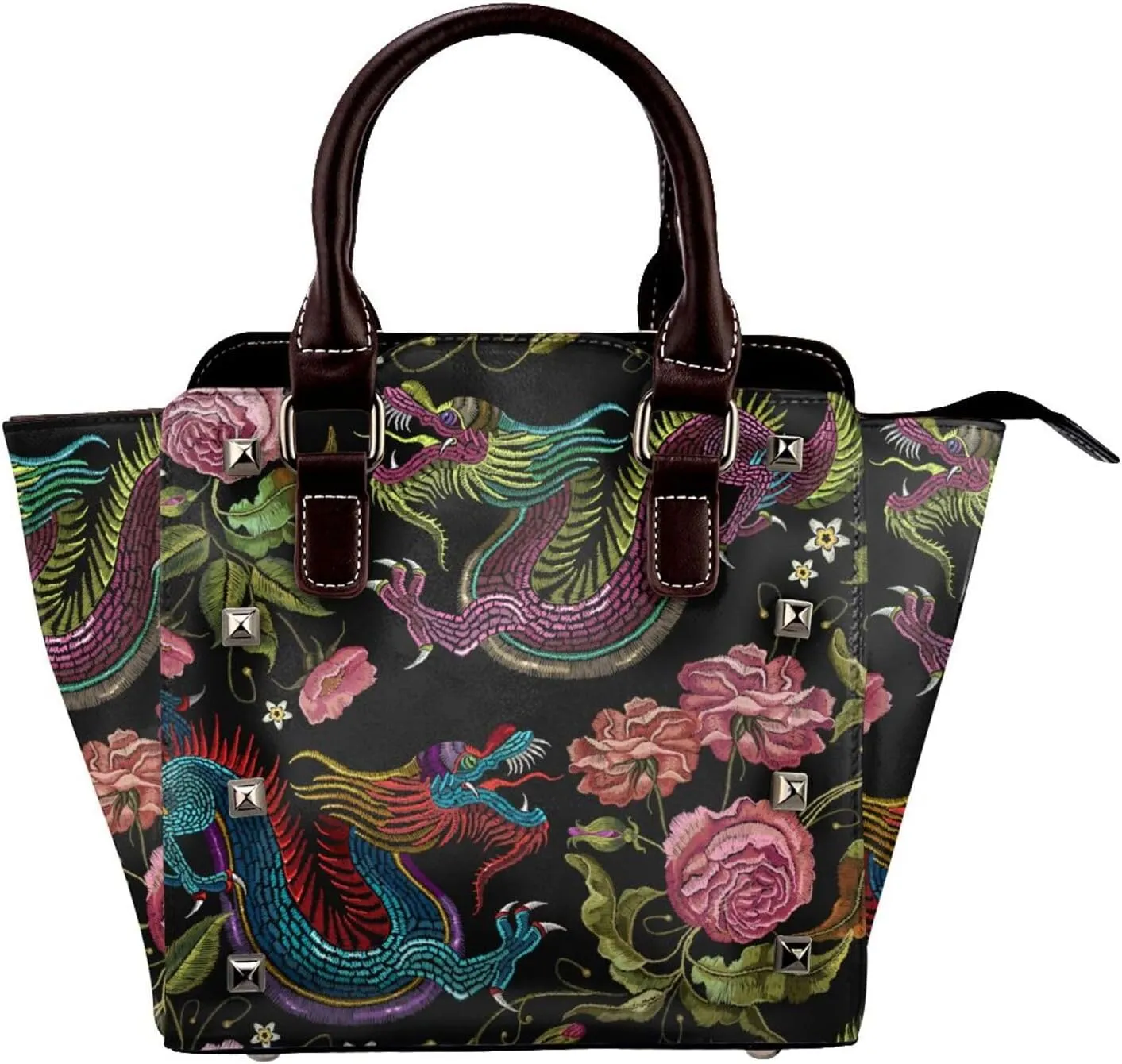 Chinese Dragons Flowers Women Leather Handbag Rivet Shoulder Bag Top Handle Satchel Purse