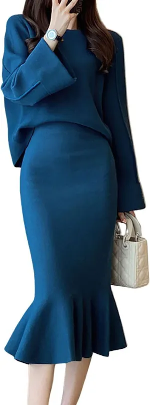 chouyatou Women's 2 Piece Outfits Long Sleeve Pullover Sweater and Package Hip Mermaid Midi Long Skirt Sets