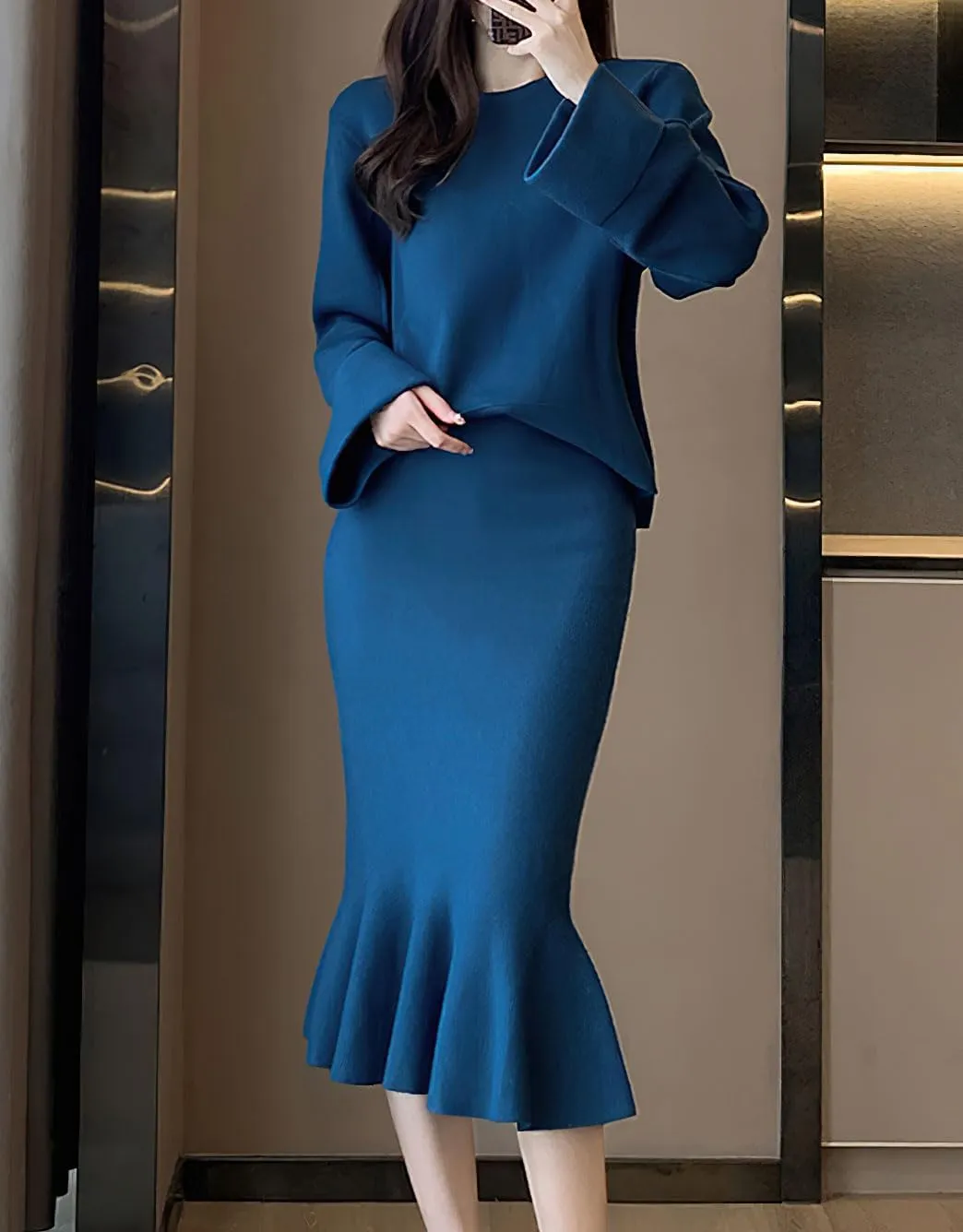 chouyatou Women's 2 Piece Outfits Long Sleeve Pullover Sweater and Package Hip Mermaid Midi Long Skirt Sets