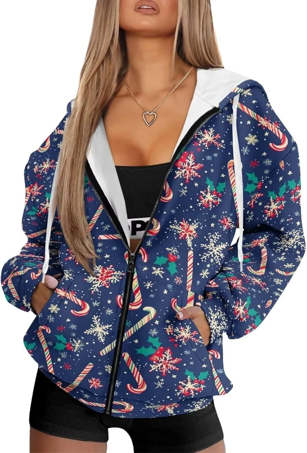 Christmas Candy Print Zip up Hoodie Women Long Sleeve Loose Fitting Y2K Pullover Tops Sweatshirt with Front Pocket
