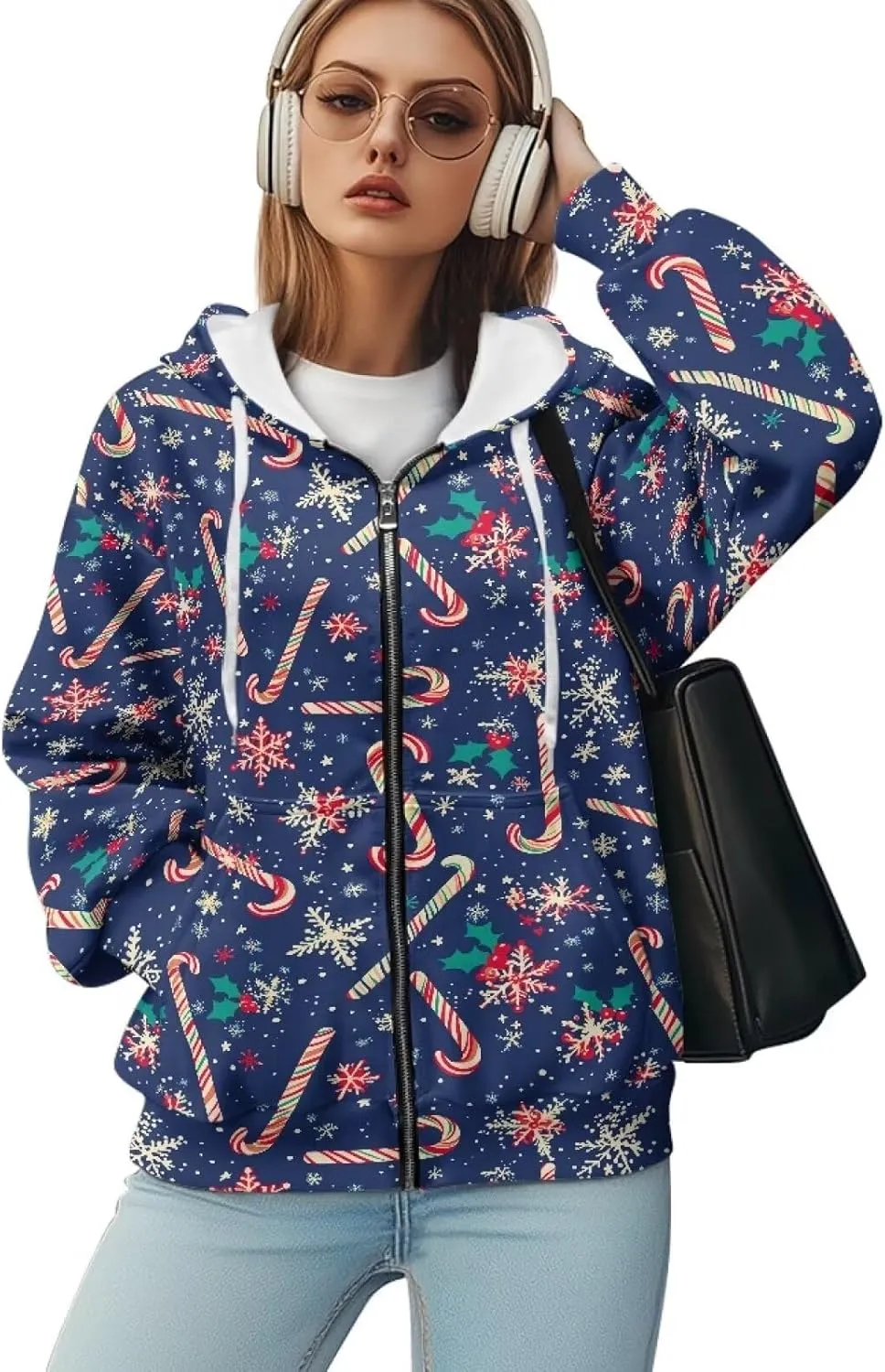 Christmas Candy Print Zip up Hoodie Women Long Sleeve Loose Fitting Y2K Pullover Tops Sweatshirt with Front Pocket