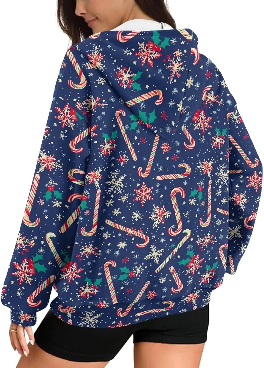 Christmas Candy Print Zip up Hoodie Women Long Sleeve Loose Fitting Y2K Pullover Tops Sweatshirt with Front Pocket